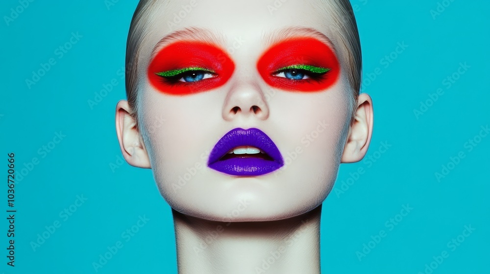 A dynamic beauty shot of an Eastern European model with bright red eyeshadow and neon purple lips, capturing mystery and depth, with acid green highlighter enhancing her porcelain complexion. A dynamic beauty shot of an Eastern European model with bright red eyeshadow and neon purple lips, capturing mystery and depth, with acid green highlighter enhancing her porcelain complexion.