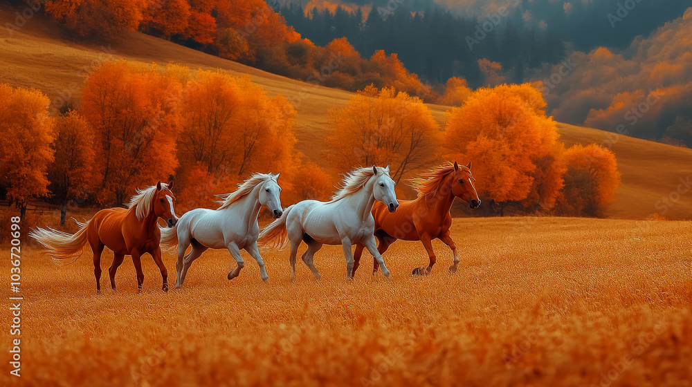 Obraz premium horses gallops through an amber field, 
