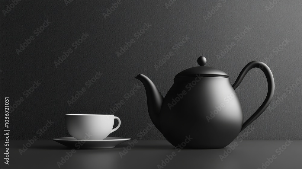 A sleek black kettle stands next to a white cup on a dark table, inviting a moment of calm and relaxation during tea time. Generative AI A sleek black kettle stands next to a white cup on a dark table, inviting a moment of calm and relaxation during tea time. Generative AI