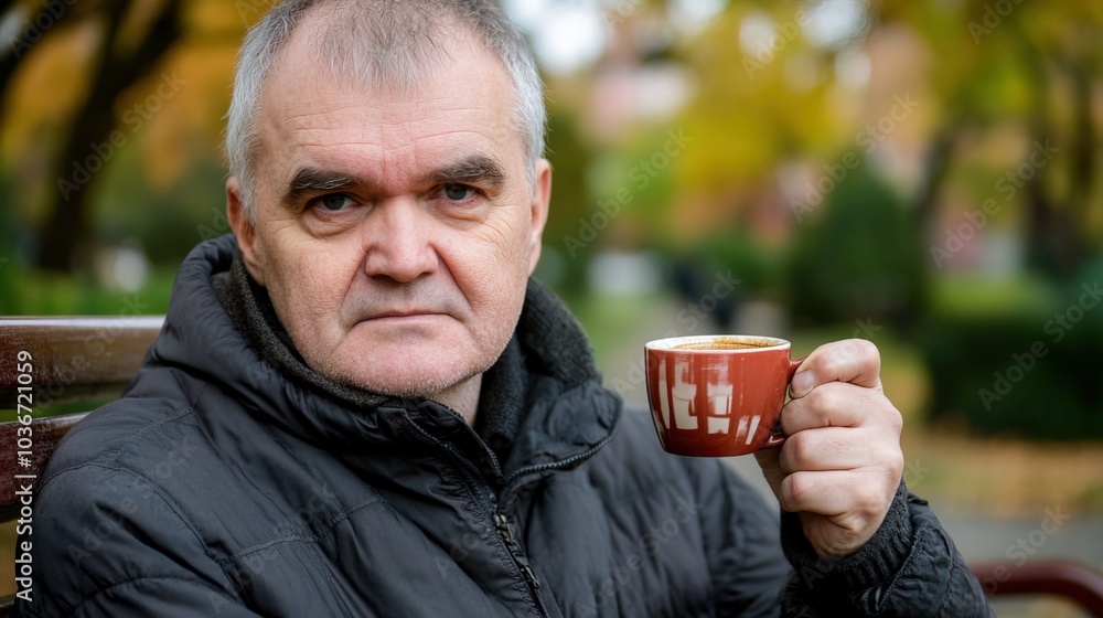 Middle-aged man with slight tremor holding cup of coffee on park bench, symbolizing struggle with Parkinson's disease, calm natural setting. Middle-aged man with slight tremor holding cup of coffee on park bench, symbolizing struggle with Parkinson's disease, calm natural setting.