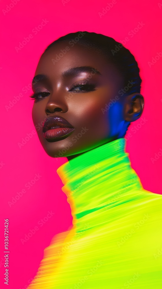 A futuristic image of a model wearing a neon lime green coat with reflective surfaces captured midspin, with motion blur and electric blue and fuchsia lighting for a surreal effect. A futuristic image of a model wearing a neon lime green coat with reflective surfaces captured midspin, with motion blur and electric blue and fuchsia lighting for a surreal effect.