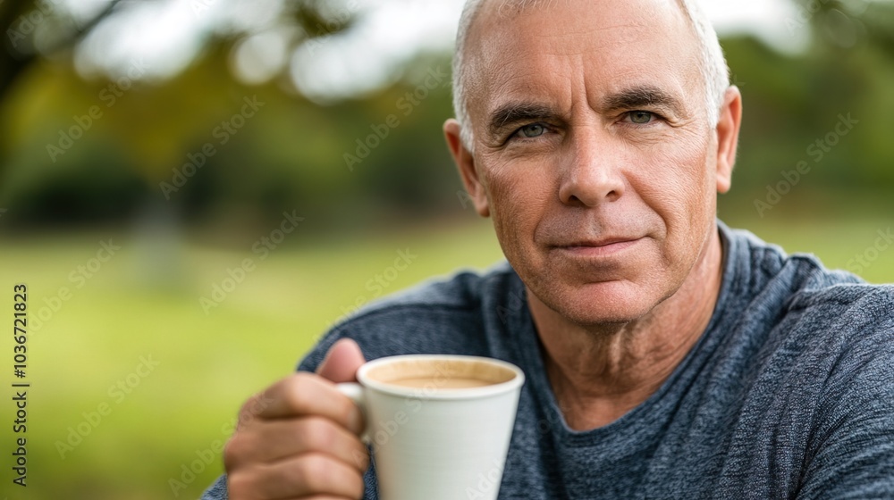 Middle-aged man with slight tremor holding cup of coffee on park bench, symbolizing struggle with Parkinson's disease, calm natural setting. Middle-aged man with slight tremor holding cup of coffee on park bench, symbolizing struggle with Parkinson's disease, calm natural setting.