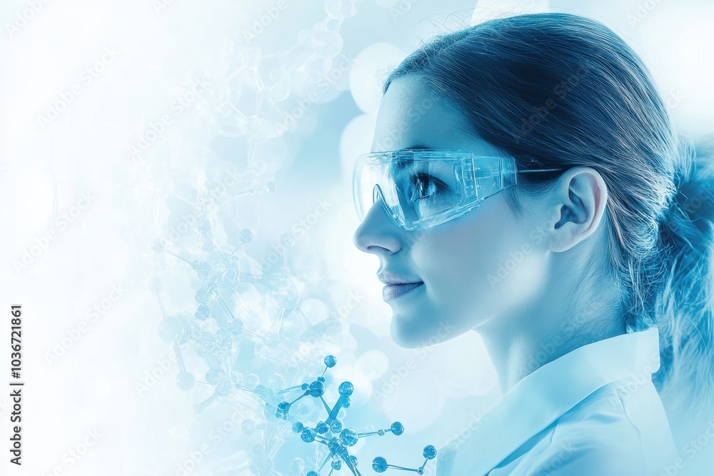 Fototapeta premium Scientist in protective eyewear examines molecular structure in a lab setting during a research study