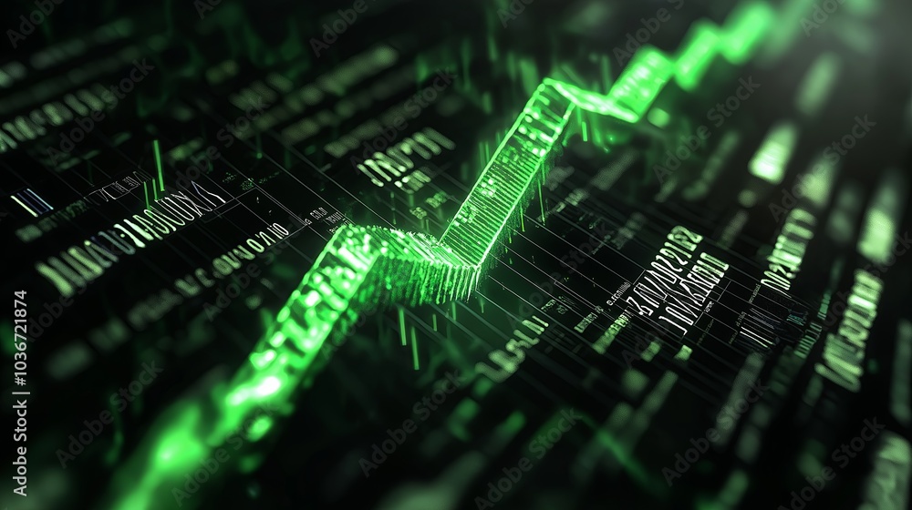 A glowing green upward arrow cutting through a dark background of numbers, symbolizing a booming stock market A glowing green upward arrow cutting through a dark background of numbers, symbolizing a booming stock market