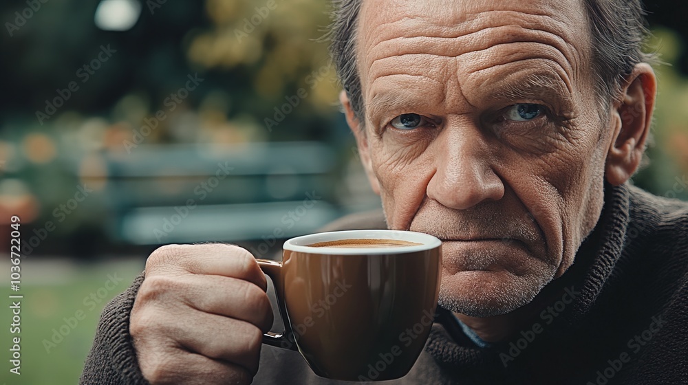 Middle-aged man with slight tremor holding cup of coffee on park bench, symbolizing struggle with Parkinson's disease, calm natural setting. Middle-aged man with slight tremor holding cup of coffee on park bench, symbolizing struggle with Parkinson's disease, calm natural setting.