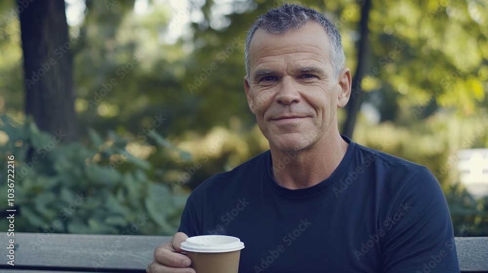 Middle-aged man with slight tremor holding cup of coffee on park bench, symbolizing struggle with Parkinson's disease, calm natural setting. Middle-aged man with slight tremor holding cup of coffee on park bench, symbolizing struggle with Parkinson's disease, calm natural setting.