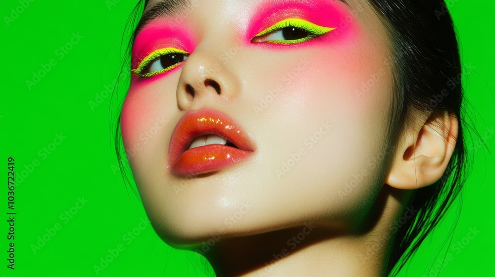 A vibrant closeup of a Japanese model with neon pink eyeshadow and soft glossy lips, expressing graceful elegance, with acid yellow eyeliner complementing her porcelain skin and soft green lighting. A vibrant closeup of a Japanese model with neon pink eyeshadow and soft glossy lips, expressing graceful elegance, with acid yellow eyeliner complementing her porcelain skin and soft green lighting.