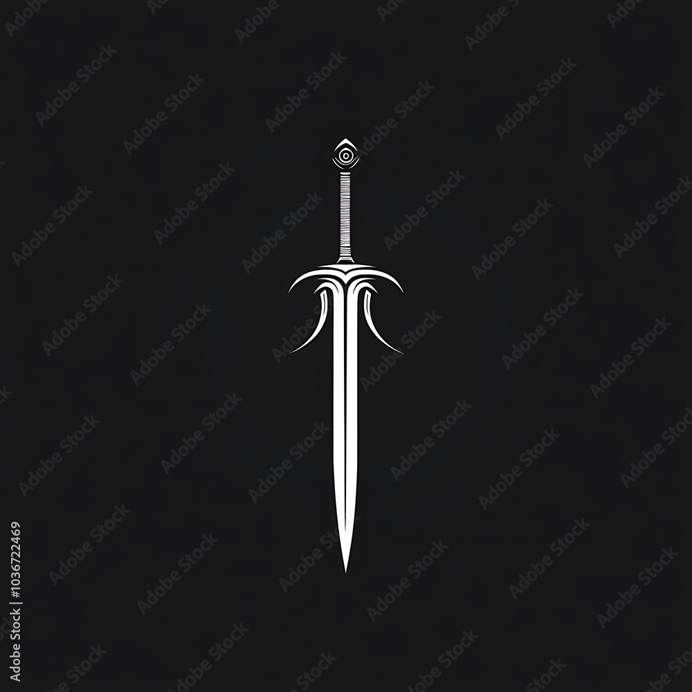 A silver sword with an ornate hilt, isolated on a black background. A silver sword with an ornate hilt, isolated on a black background.