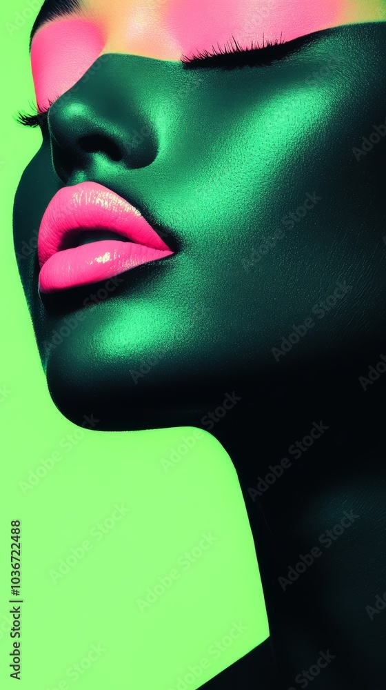A vibrant closeup of a Japanese model with neon pink eyeshadow and soft glossy lips, gracefully elegant, with acid yellow eyeliner complementing her porcelain skin and soft green lighting. A vibrant closeup of a Japanese model with neon pink eyeshadow and soft glossy lips, gracefully elegant, with acid yellow eyeliner complementing her porcelain skin and soft green lighting.