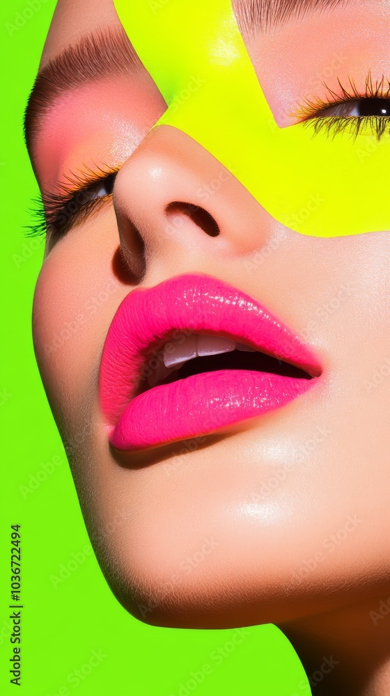 Naklejka premium A vibrant closeup of a Japanese model with neon pink eyeshadow and soft glossy lips, gracefully elegant, with acid yellow eyeliner complementing her porcelain skin and soft green lighting.