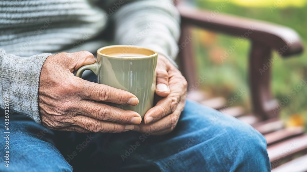 Middle-aged man with slight tremor holding cup of coffee on park bench, symbolizing struggle with Parkinson's disease, calm natural setting. Middle-aged man with slight tremor holding cup of coffee on park bench, symbolizing struggle with Parkinson's disease, calm natural setting.