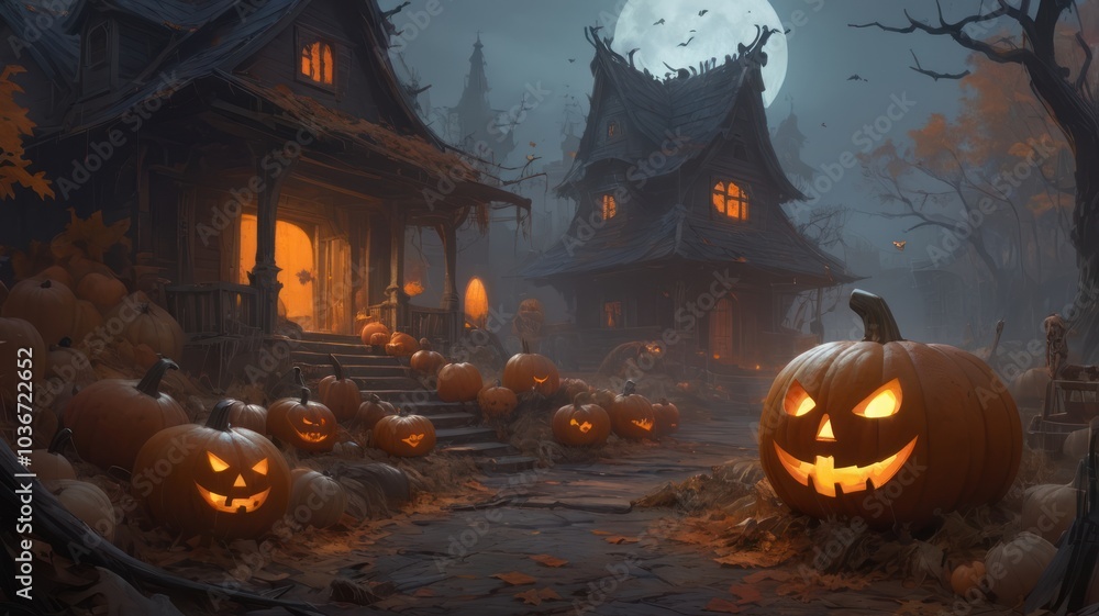 A spooky Halloween scene with two houses, pumpkins, a full moon, and a foggy forest. A spooky Halloween scene with two houses, pumpkins, a full moon, and a foggy forest.