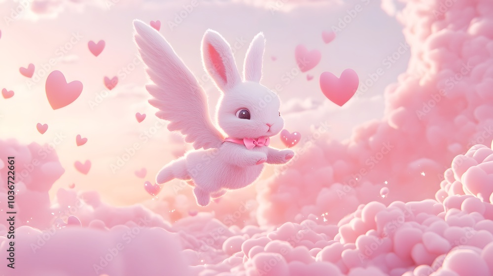 Cupid bunny flying above a dreamy pink landscape: 3D-rendered bunny dressed as Cupid with wings and a bow flying above a soft pink landscape filled with hearts Cupid bunny flying above a dreamy pink landscape: 3D-rendered bunny dressed as Cupid with wings and a bow flying above a soft pink landscape filled with hearts