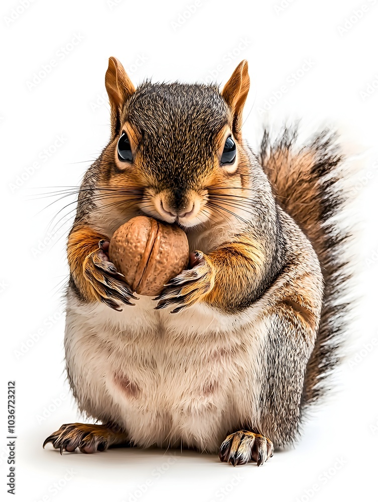 Fototapeta premium Rotund Squirrel Clutching Oversized Nut on White Background