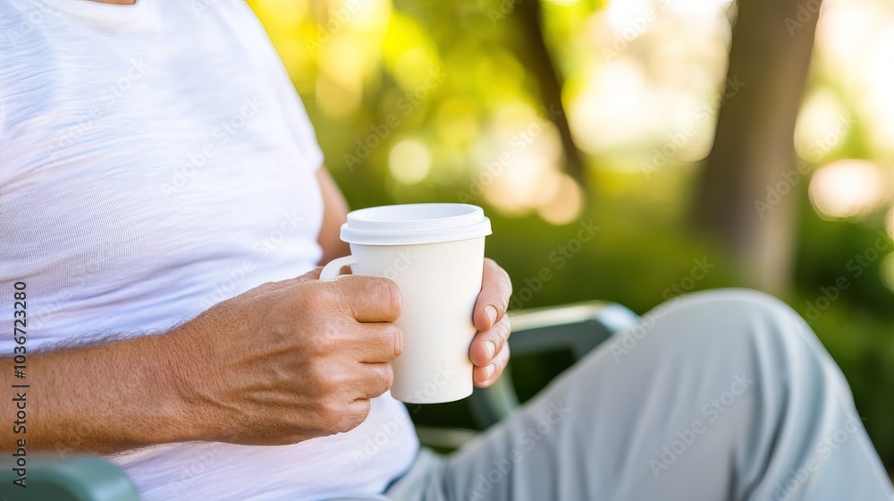 Middle-aged man with slight tremor holding cup of coffee on park bench, symbolizing struggle with Parkinson's disease, calm natural setting. Middle-aged man with slight tremor holding cup of coffee on park bench, symbolizing struggle with Parkinson's disease, calm natural setting.