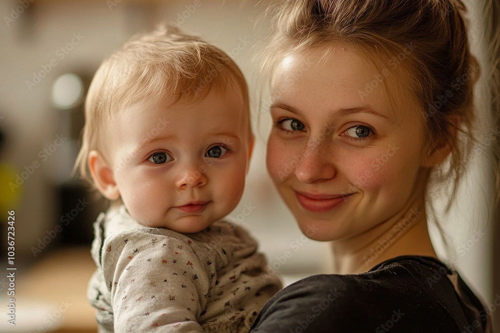 Mother with baby in kitchen, Generative AI Mother with baby in kitchen, Generative AI