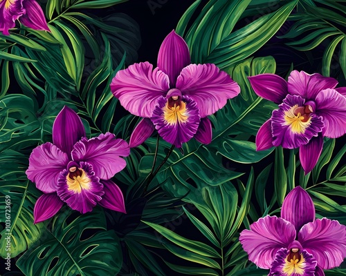 Dramatic Tropical Exotic Orchid Flower Pattern on Dark Background