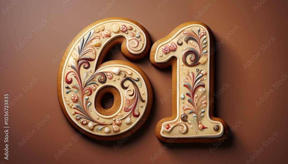 Decorated cookie, number 61, illustration for birthday or anniversary celebration Decorated cookie, number 61, illustration for birthday or anniversary celebration