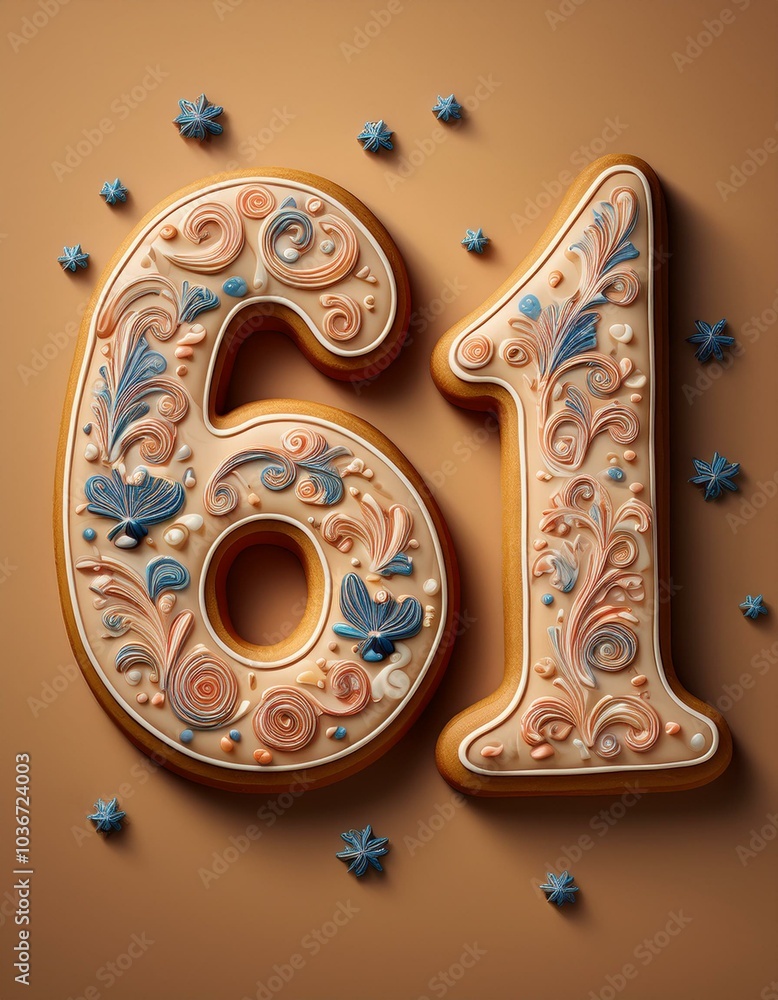 Decorated cookie, number 61, illustration for birthday or anniversary celebration Decorated cookie, number 61, illustration for birthday or anniversary celebration