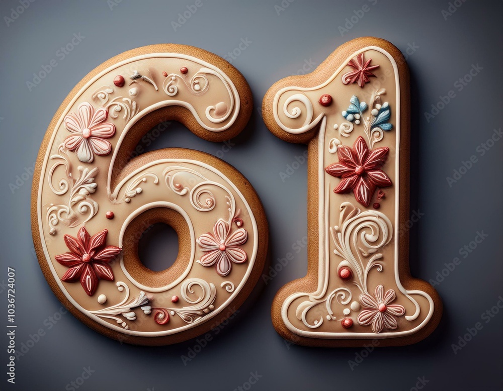 Decorated cookie, number 61, illustration for birthday or anniversary celebration Decorated cookie, number 61, illustration for birthday or anniversary celebration