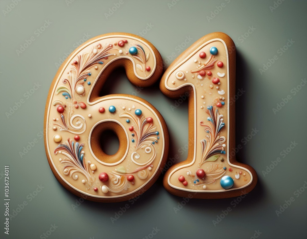 Decorated cookie, number 61, illustration for birthday or anniversary celebration Decorated cookie, number 61, illustration for birthday or anniversary celebration