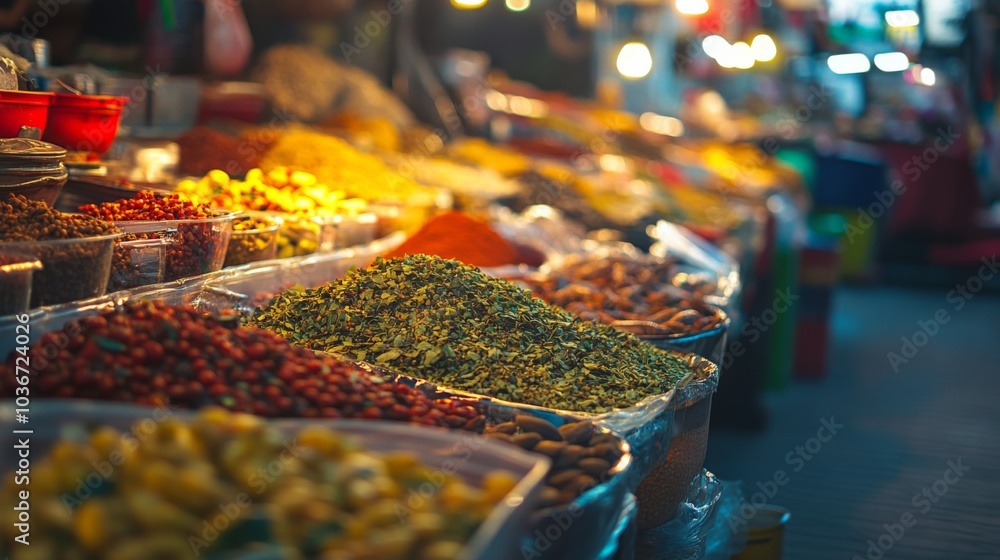Fototapeta premium Colorful Spices and Fresh Herbs in Market Stall