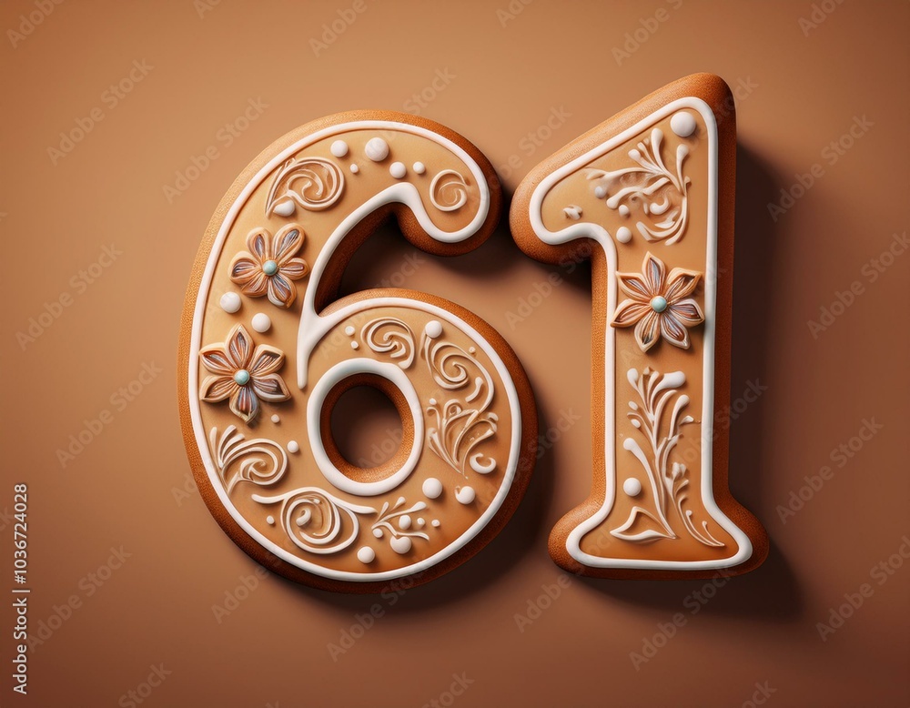Decorated cookie, number 61, illustration for birthday or anniversary celebration Decorated cookie, number 61, illustration for birthday or anniversary celebration