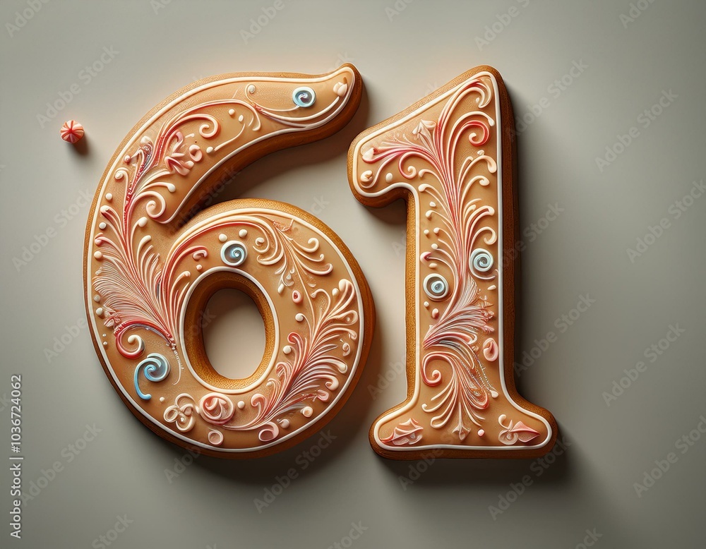 Decorated cookie, number 61, illustration for birthday or anniversary celebration Decorated cookie, number 61, illustration for birthday or anniversary celebration