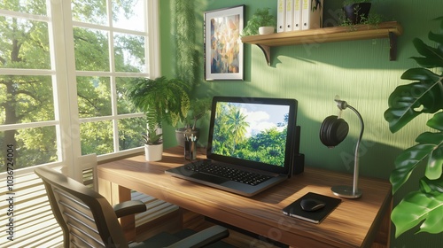 A serene home office environment with a headset, laptop,