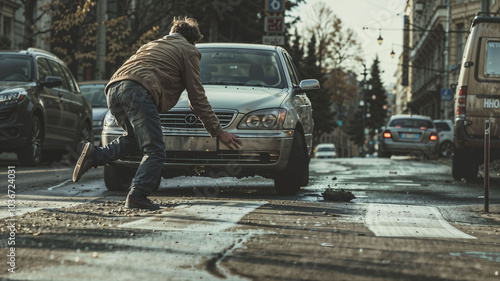 Young man crossing the street while being hit by a car on the zebra crossing. Road safety, attention, and traffic accidents in an urban environment