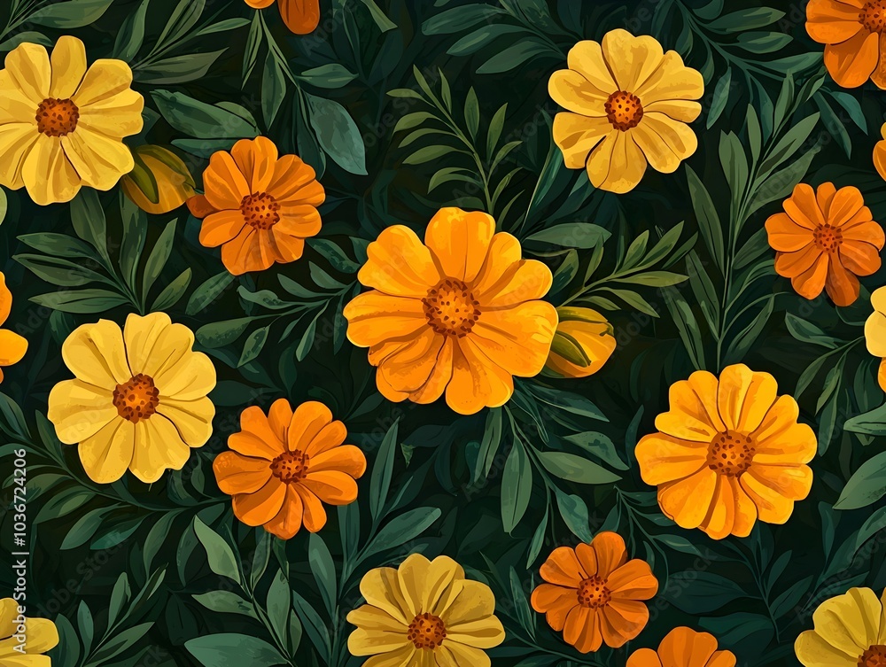 Vibrant Marigold Floral Pattern with Lush Green Leaves on Dark Background Vibrant Marigold Floral Pattern with Lush Green Leaves on Dark Background