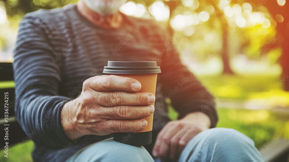 Middle-aged man with slight tremor holding cup of coffee on park bench, symbolizing struggle with Parkinson's disease, calm natural setting. Middle-aged man with slight tremor holding cup of coffee on park bench, symbolizing struggle with Parkinson's disease, calm natural setting.