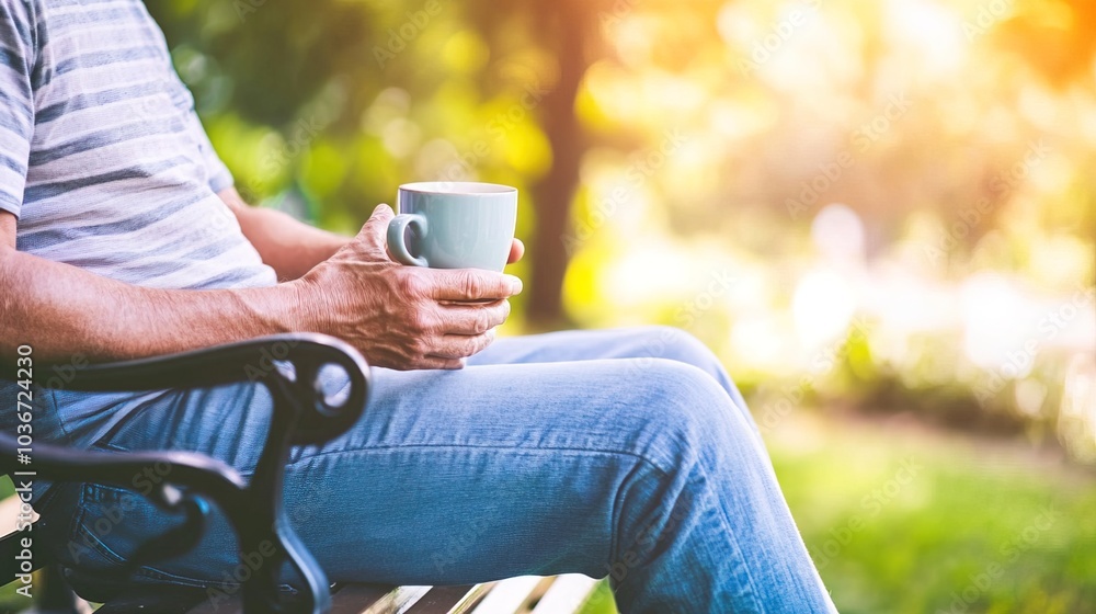 Middle-aged man with slight tremor holding cup of coffee on park bench, symbolizing struggle with Parkinson's disease, calm natural setting. Middle-aged man with slight tremor holding cup of coffee on park bench, symbolizing struggle with Parkinson's disease, calm natural setting.