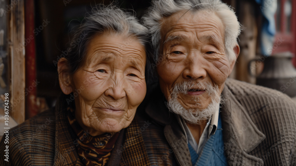 Close-up portrait of elderly Asian couple with weathered faces. Deep wrinkles tell stories of life's journey. Genuine smiles convey contentment and shared experiences. Symbol of enduring love Close-up portrait of elderly Asian couple with weathered faces. Deep wrinkles tell stories of life's journey. Genuine smiles convey contentment and shared experiences. Symbol of enduring love