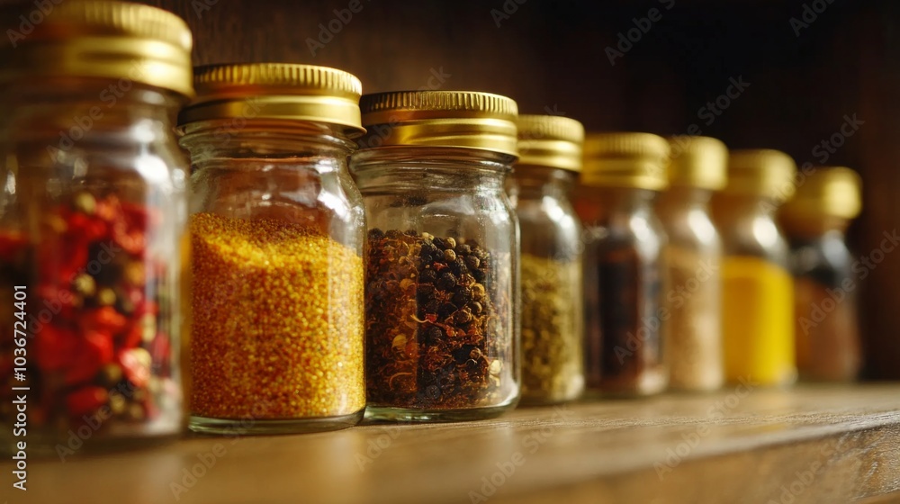 Colorful Spices in Glass Jars on Kitchen Shelf Colorful Spices in Glass Jars on Kitchen Shelf