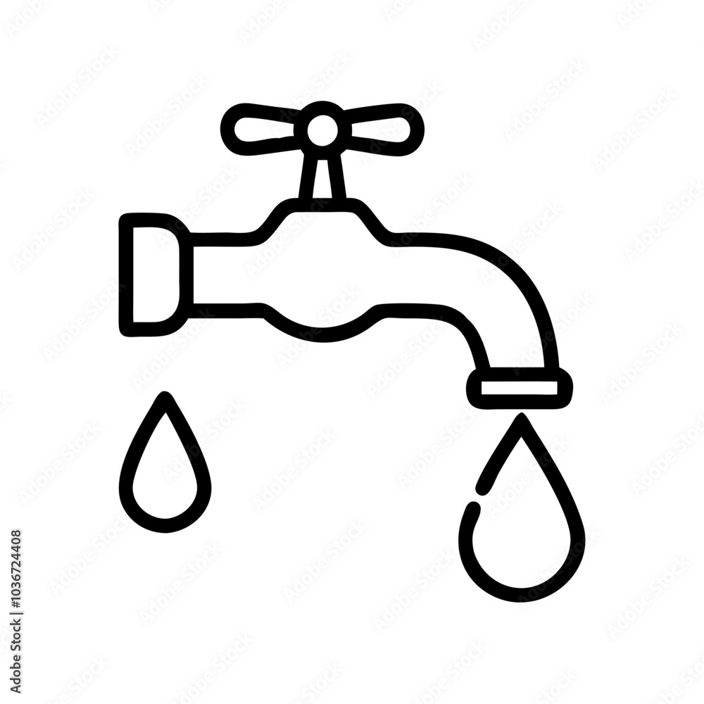 Water faucet line art illustration with dripping droplets on white background