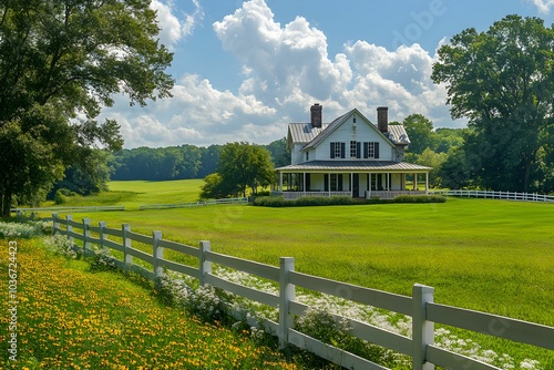 A classic white farmhouse sits majestically on a sprawling green field, framed by a white picket fence, creating a quintessential image of peaceful countryside living. 