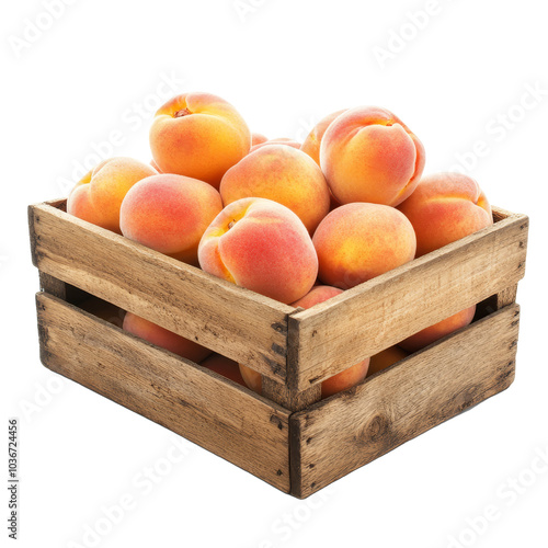 Fresh peaches in a rustic wooden box against a clean transparent background, wooden box of peachesisolated on transparent background photo