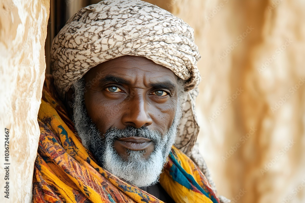A Mauritanian old man. Mauritania. A smiling man wearing a colorful turban and traditional attire stands against a rustic background, A man with a turban and beard is wearing a yellow shirt A Mauritanian old man. Mauritania. A smiling man wearing a colorful turban and traditional attire stands against a rustic background, A man with a turban and beard is wearing a yellow shirt