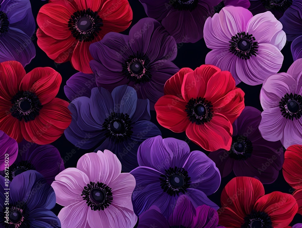 Lush Anemone Floral Pattern in Deep Purple and Red Hues on Black Background Lush Anemone Floral Pattern in Deep Purple and Red Hues on Black Background