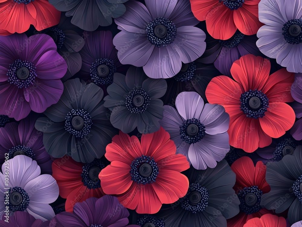 Striking Pattern of Vibrant Anemone Flowers in Contrasting Deep Purple and Red Hues on Jet Black Background Striking Pattern of Vibrant Anemone Flowers in Contrasting Deep Purple and Red Hues on Jet Black Background