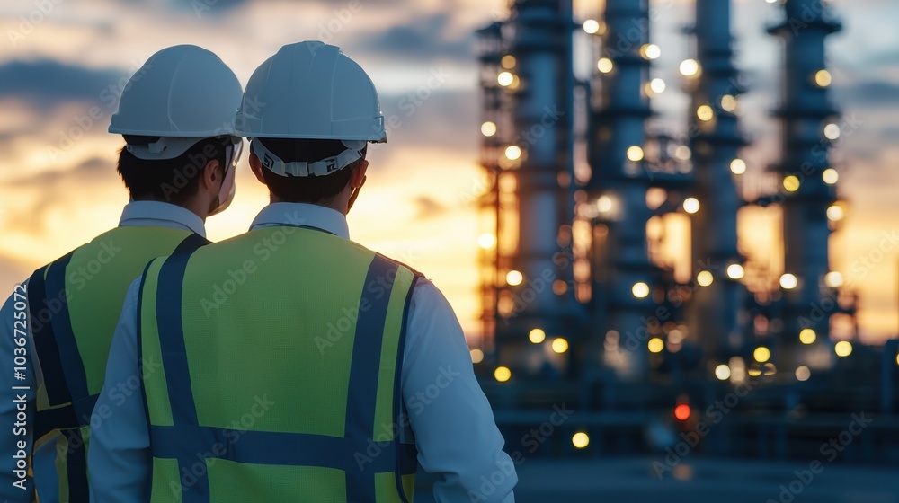 Industry Professionals Overseeing Operations at a Refinery During Sunset Industry Professionals Overseeing Operations at a Refinery During Sunset