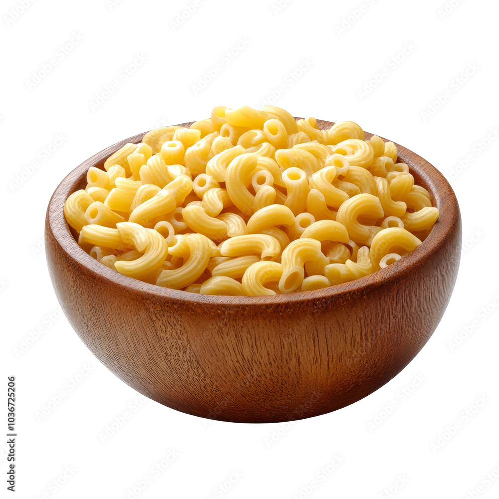 Raw macaroni pile in a wooden bowl against a clean transparent background for culinary inspiration and cooking ideas, Pile of raw macaroni in wood bowl on transparent background Raw macaroni pile in a wooden bowl against a clean transparent background for culinary inspiration and cooking ideas, Pile of raw macaroni in wood bowl on transparent background