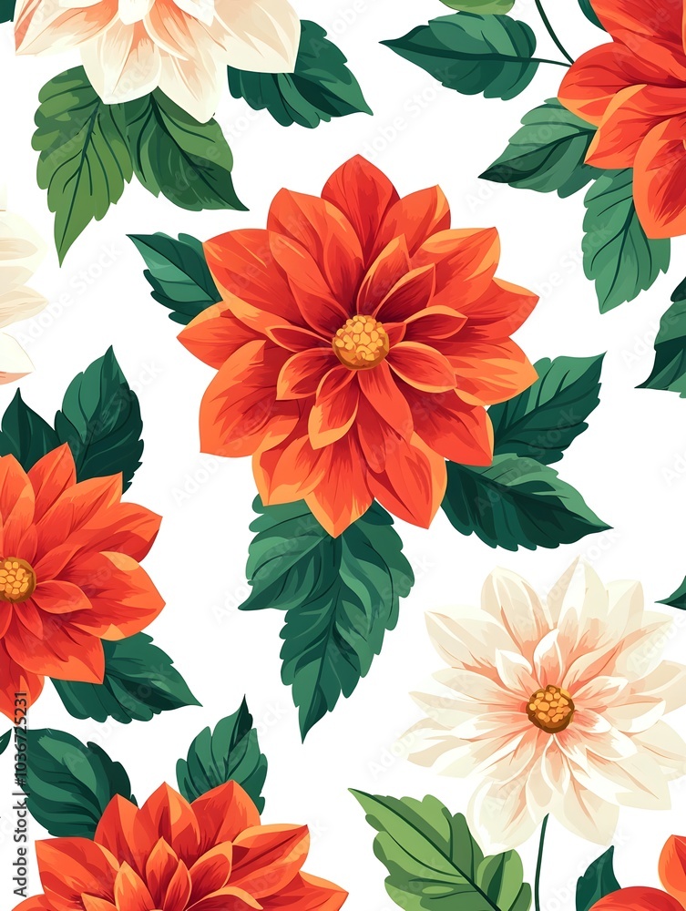 Vibrant Geometric Floral Pattern of Bright Dahlia Blooms with Green Leaves on Pure White Background Vibrant Geometric Floral Pattern of Bright Dahlia Blooms with Green Leaves on Pure White Background