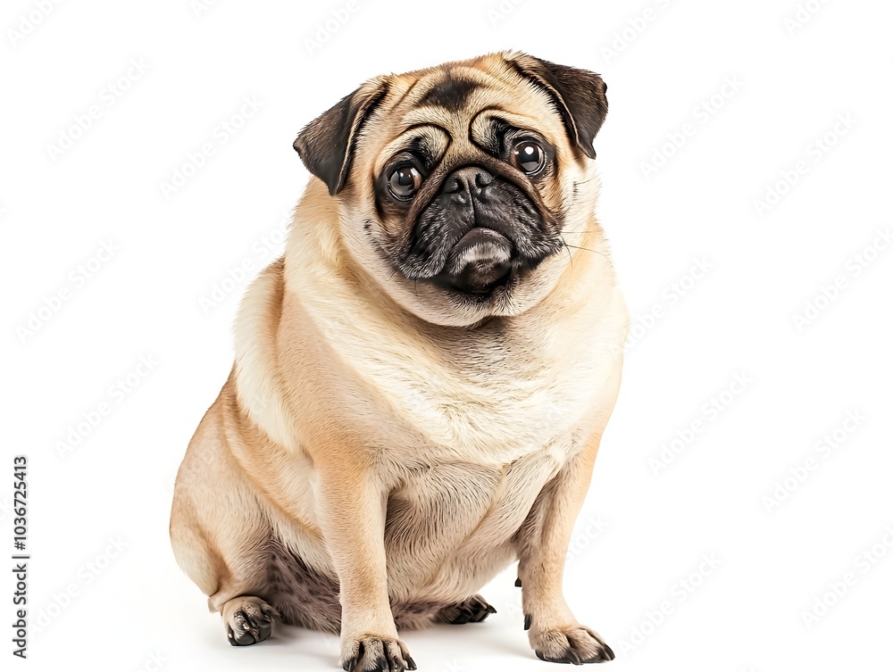 Adorable Pug Dog with Big Pleading Eyes and Charming Skin Folds Sitting on White Background Adorable Pug Dog with Big Pleading Eyes and Charming Skin Folds Sitting on White Background