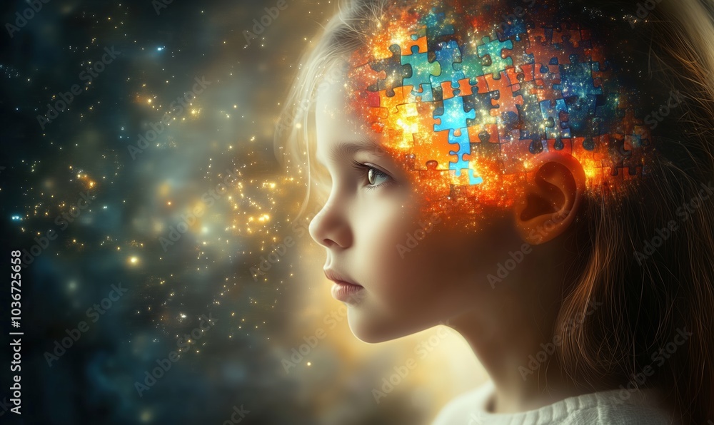 A young girl’s profile, deep in thought, shows a glowing puzzle inside her head, symbolizing creativity and imagination amidst a cosmic backdrop A young girl’s profile, deep in thought, shows a glowing puzzle inside her head, symbolizing creativity and imagination amidst a cosmic backdrop