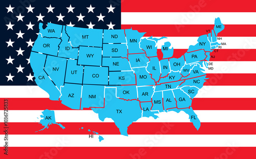 US map. Colored American infographics template, with separated states, short state names and US flag on the backdrop. Vector illustration. 