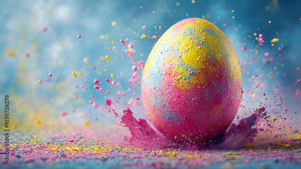 Vibrant Easter egg colorful explosion with splashes of paint in hues of pink yellow blue and green creating a dynamic and festive atmosphere Perfect for capturing the spirit of Easter Vibrant Easter egg colorful explosion with splashes of paint in hues of pink yellow blue and green creating a dynamic and festive atmosphere Perfect for capturing the spirit of Easter