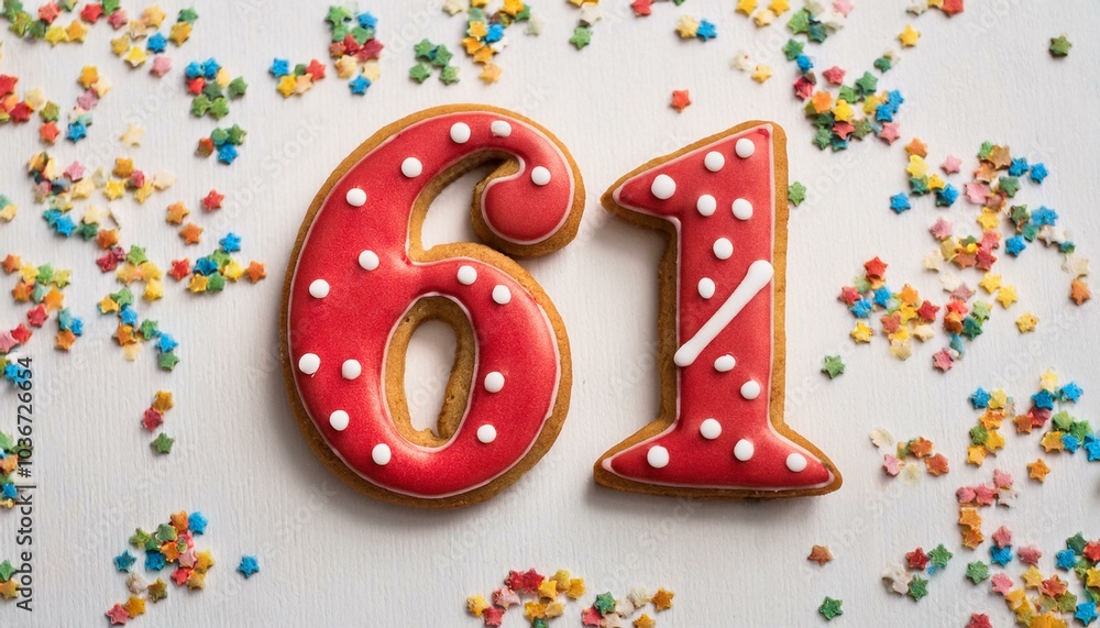 Decorated cookie, number 61, image for birthday or anniversary celebration Decorated cookie, number 61, image for birthday or anniversary celebration