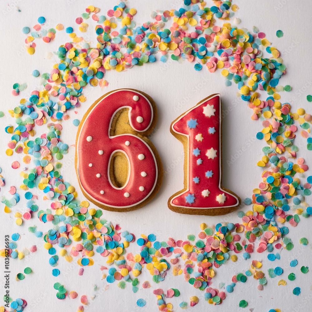 Decorated cookie, number 61, image for birthday or anniversary celebration Decorated cookie, number 61, image for birthday or anniversary celebration